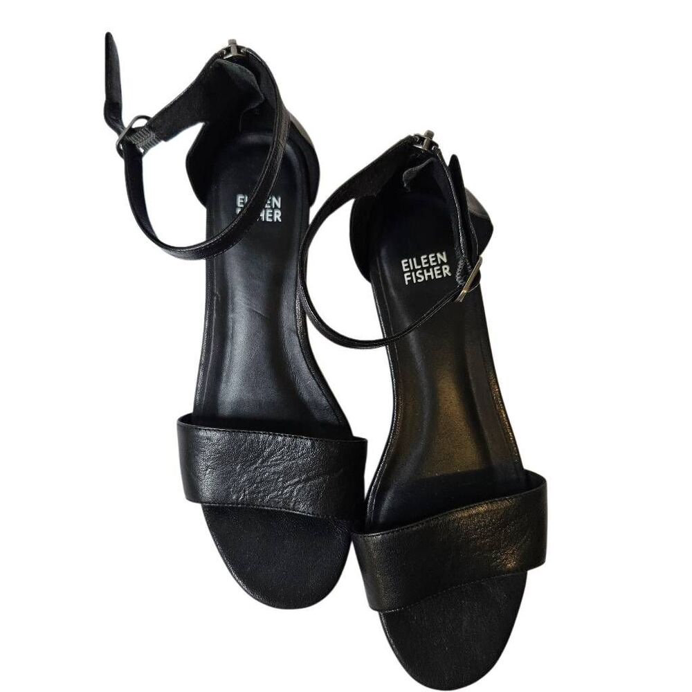 Eileen Fisher Mara black leather wedge sandals.  8.5. - Picture 2 of 4